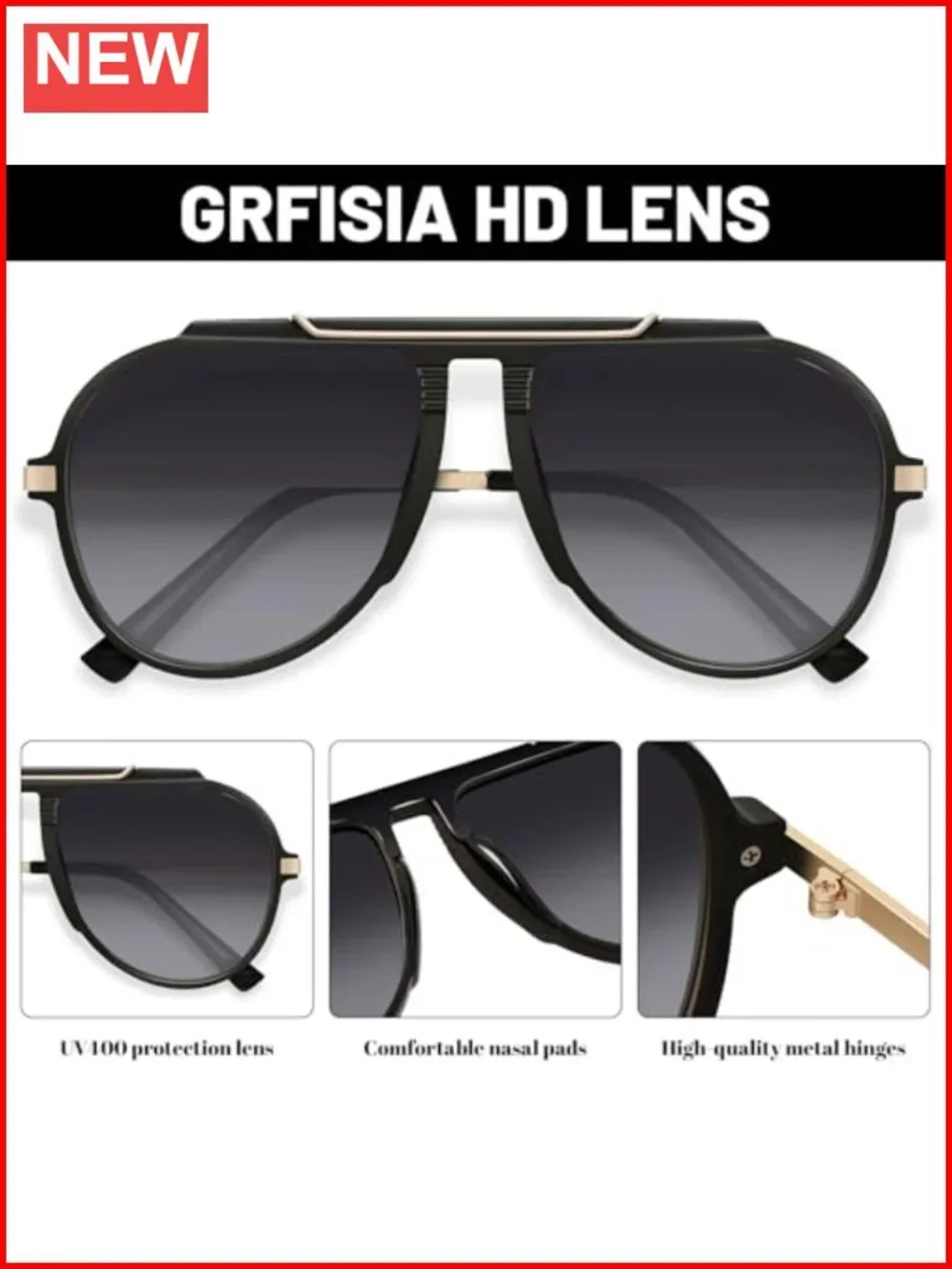 Oversized Retro Aviator Sunglasses Gold Metal UV400 Protection